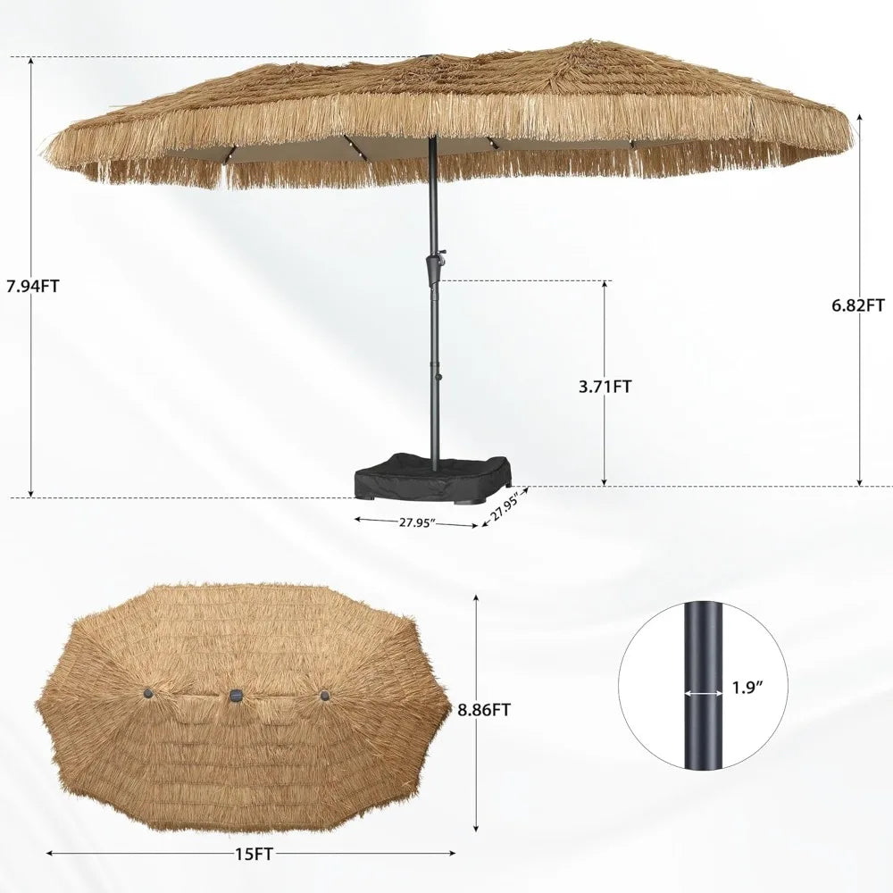 MKDK Tiki Patio Umbrella With 48 LED Lights Durable Base