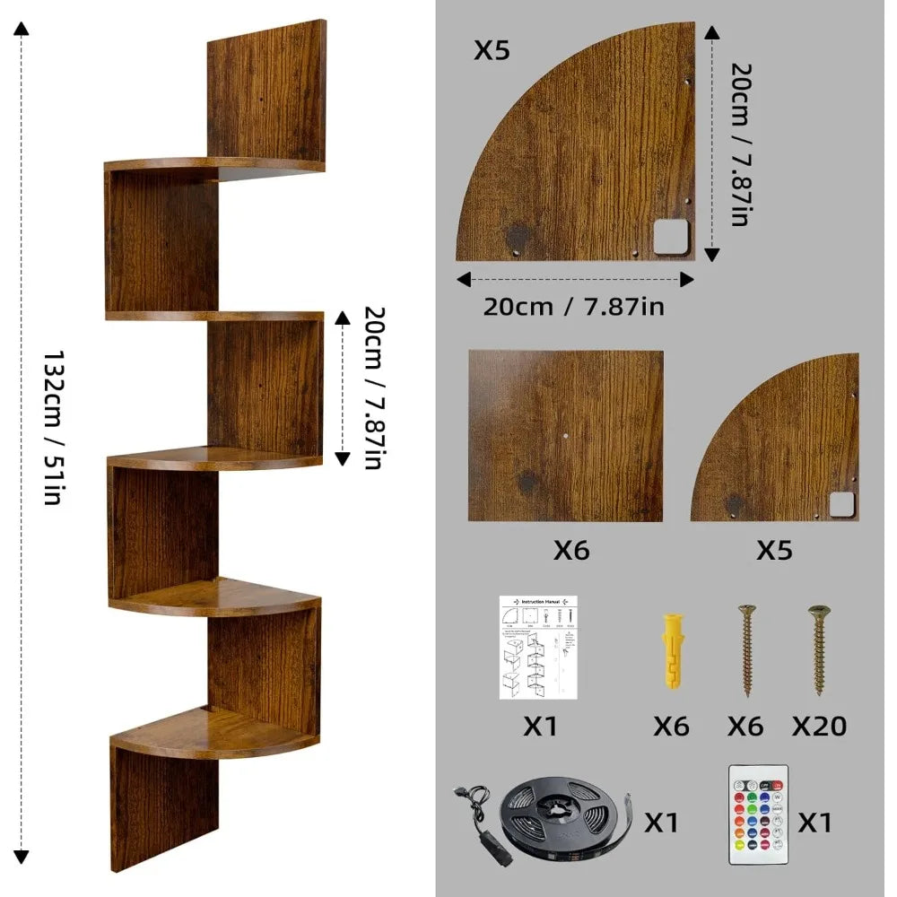 HAAYOT Corner Shelf Wall Mounted 5 Tier Shelves With Lights