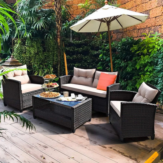 Outdoor Rattan Patio Set With Glass Table All Weather
