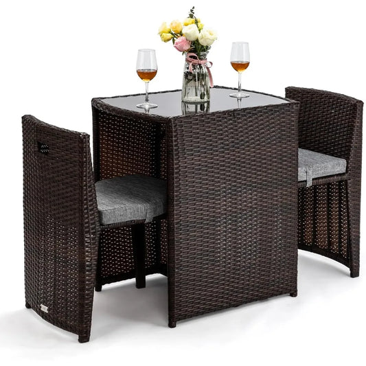 Wicker Patio Bistro Set With Glass Top Table For Balcony