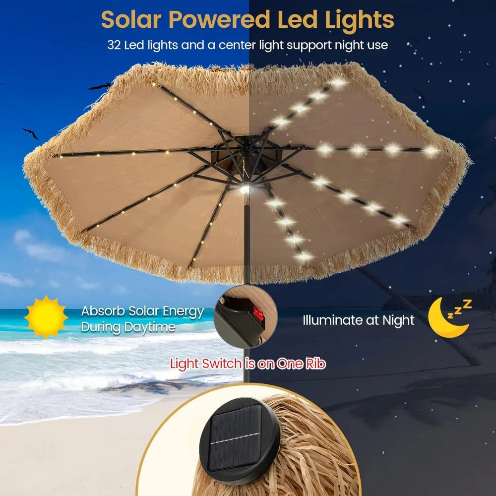 Thatched Patio Umbrella 9ft With LED Lights Solar Tiki