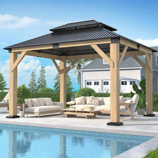 10' x 12' Outdoor Wooden Gazebo - Patio Hardtop Gazebo Permanent Wooden Pavilion with Galvanized Steel Double Roof,Backyard Deck