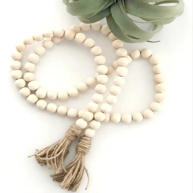 Nordic Farmhouse Decor Wood Bead Tassel Linen Rope Wall Art