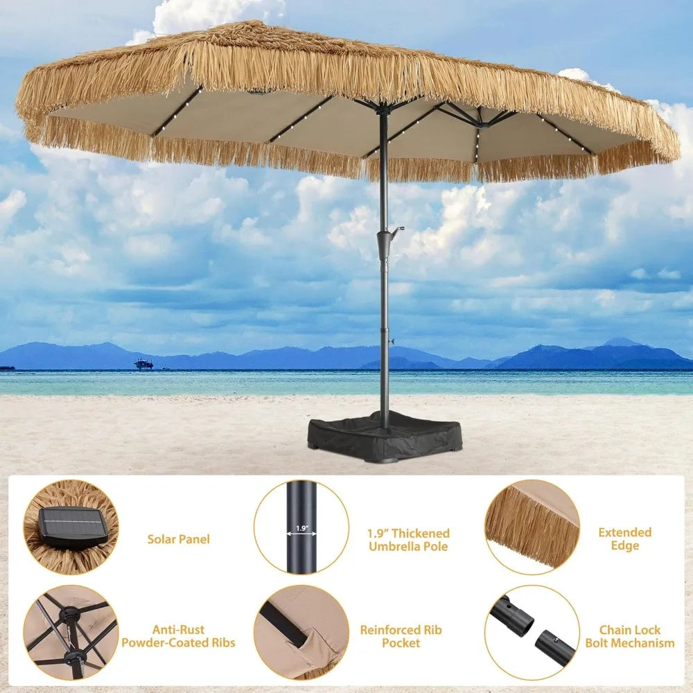 MKDK Tiki Patio Umbrella With 48 LED Lights Durable Base