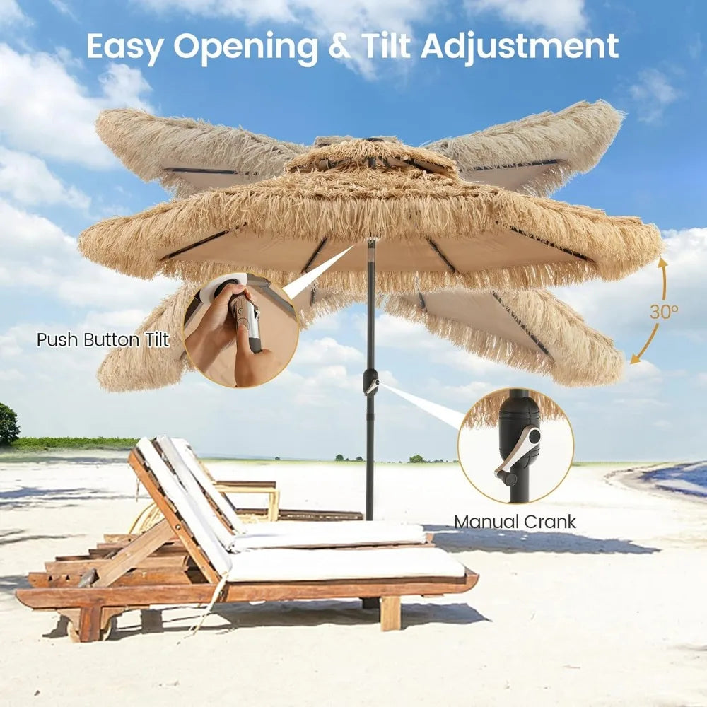 Thatched Patio Umbrella 9ft With LED Lights Solar Tiki