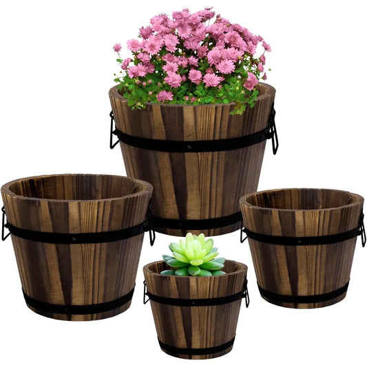 Hign Concerned Wooden Whiskey Barrel Planters 4 Pack Garden