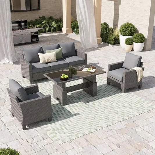 GUANGBAI Outdoor Patio Set 4 Piece Wicker With Lift
