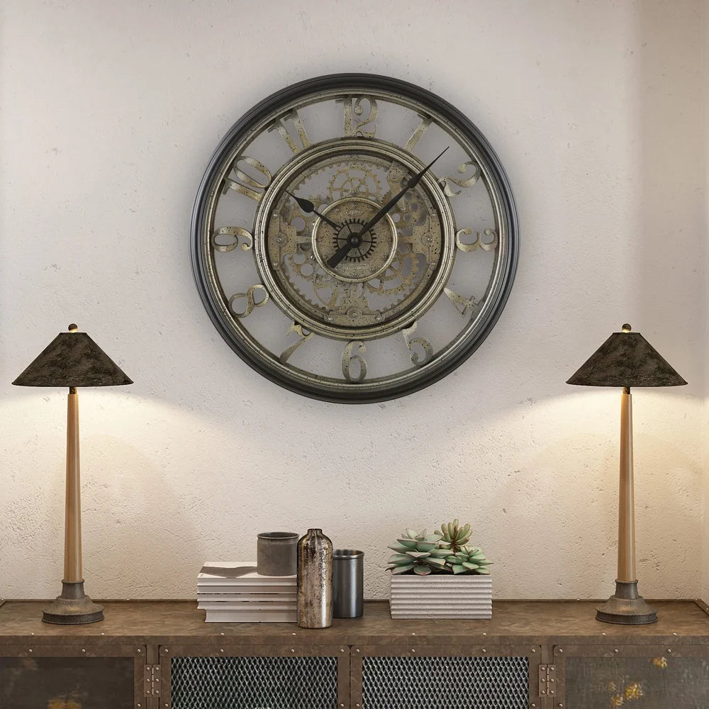 XMSJ Indoor Rustic Metal Arabic Analog Wall Clock Gears
