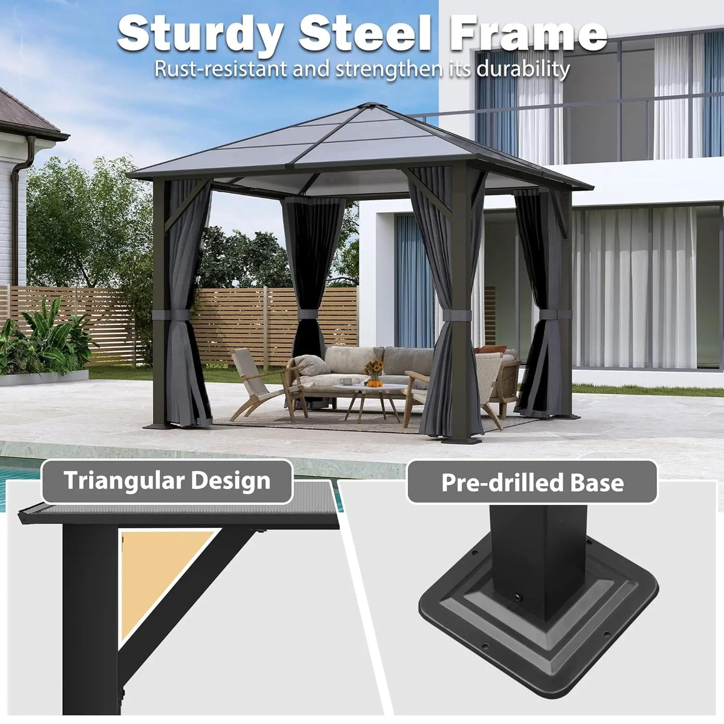 10x10FT Gazebo Hardtop, Outdoor Patio Gazebos with Polycarbonate Roof & Steel Frame, Outdoor Pavilion with Gray, Customized