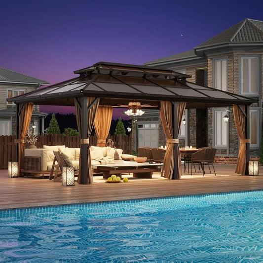20' x 12' Outdoor Poly Double Roof Gazebo with Curtains and Netting for Patio, Garden, and Lawn