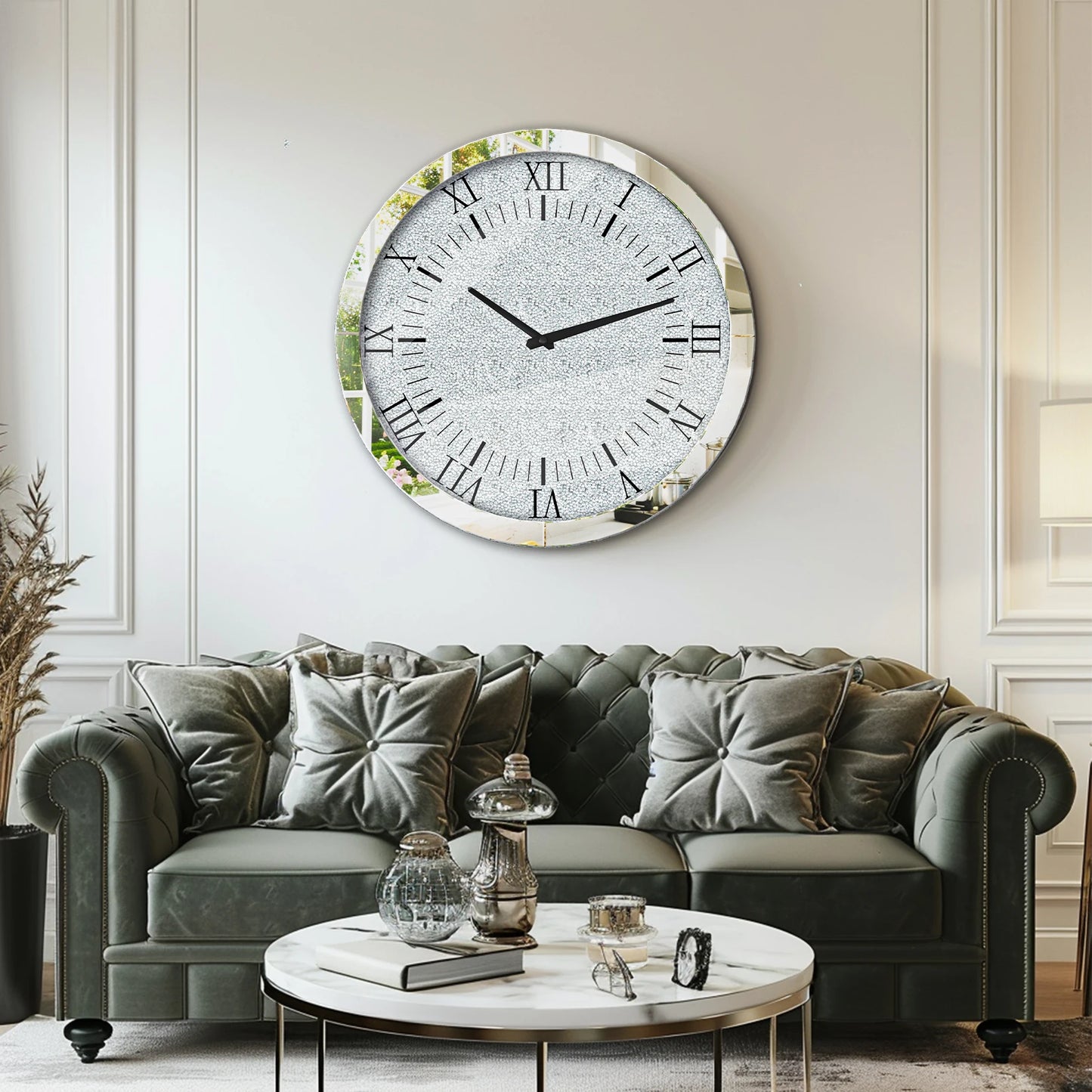 Combination Crystal Diamond Mirrored Wall Clock Glass