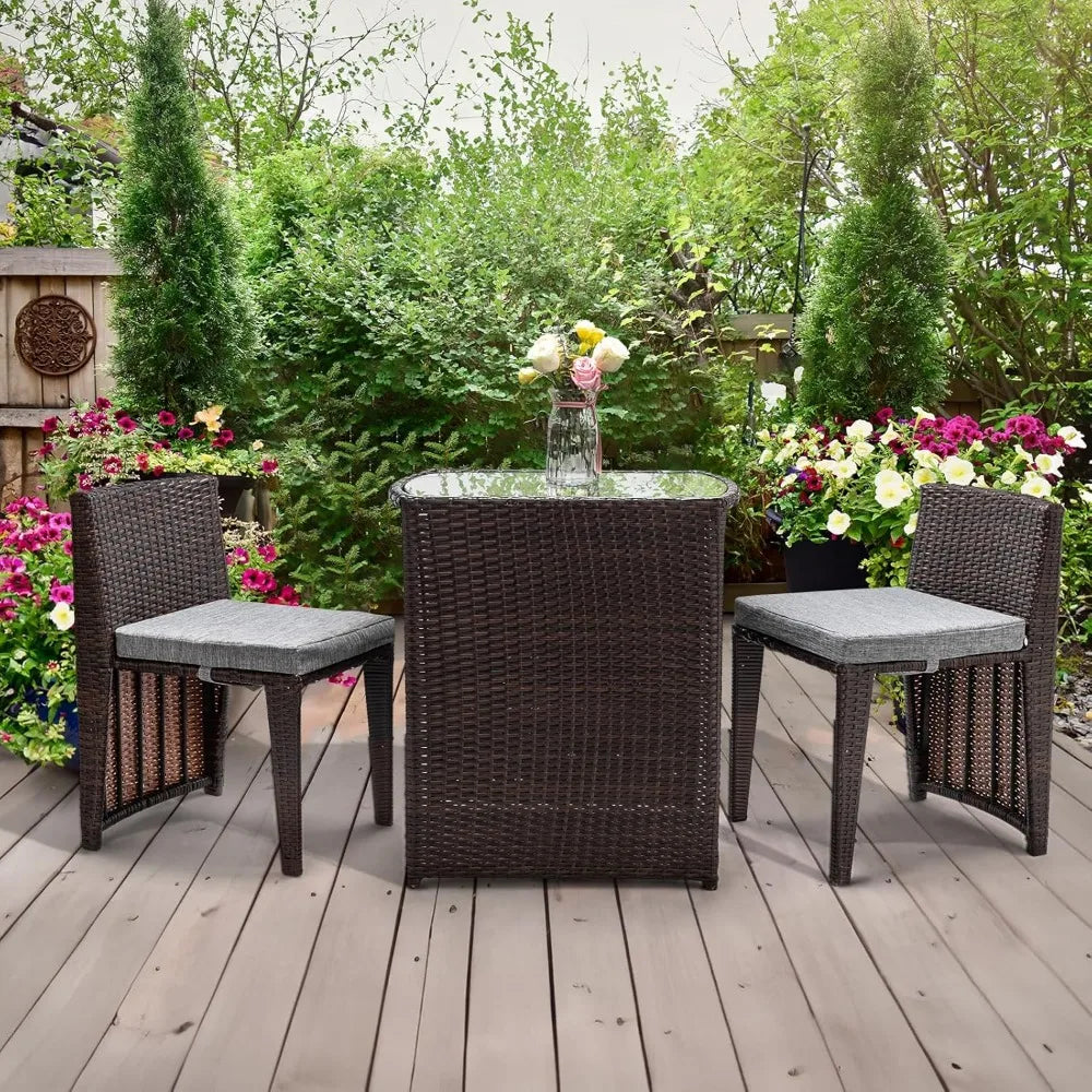 Wicker Patio Bistro Set With Glass Top Table For Balcony