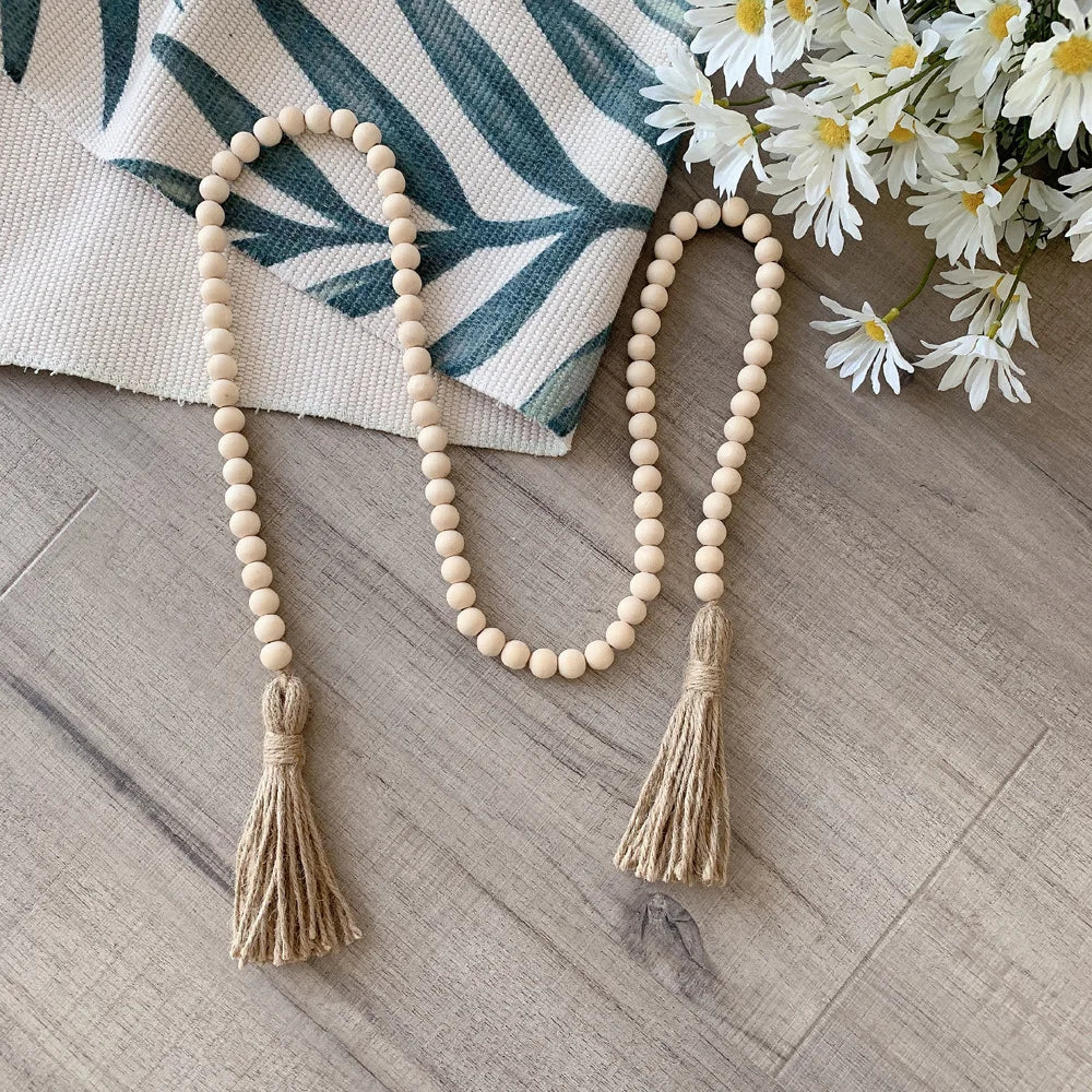 Nordic Farmhouse Decor Wood Bead Tassel Linen Rope Wall Art