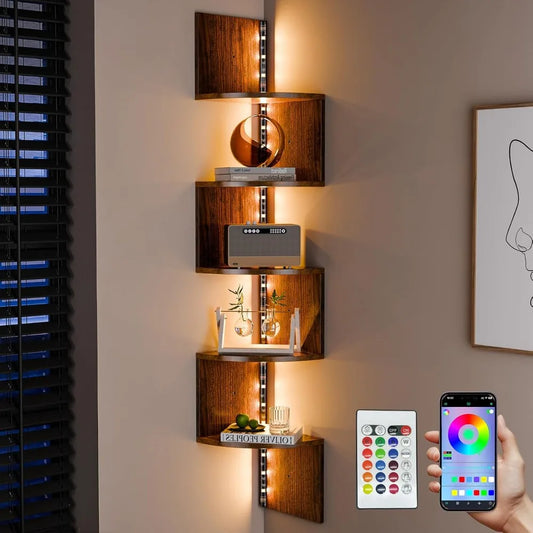 HAAYOT Corner Shelf Wall Mounted 5 Tier Shelves With Lights