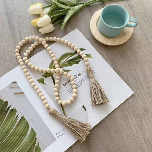 Nordic Farmhouse Decor Wood Bead Tassel Linen Rope Wall Art