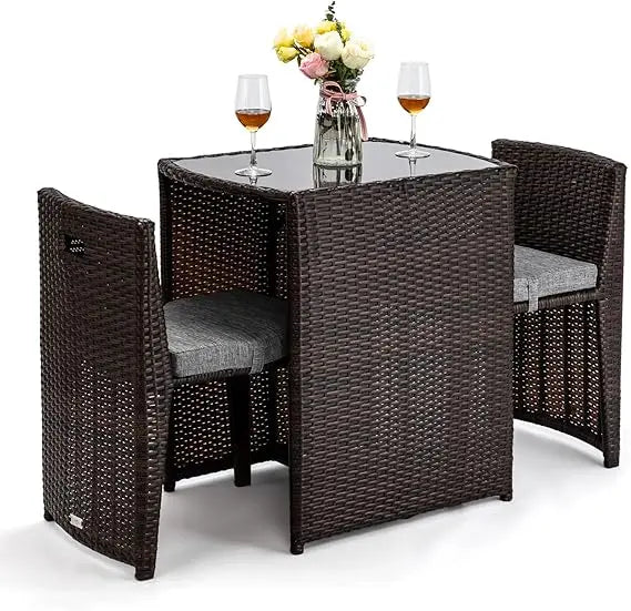 Wicker Patio Bistro Set With Glass Top Table For Balcony