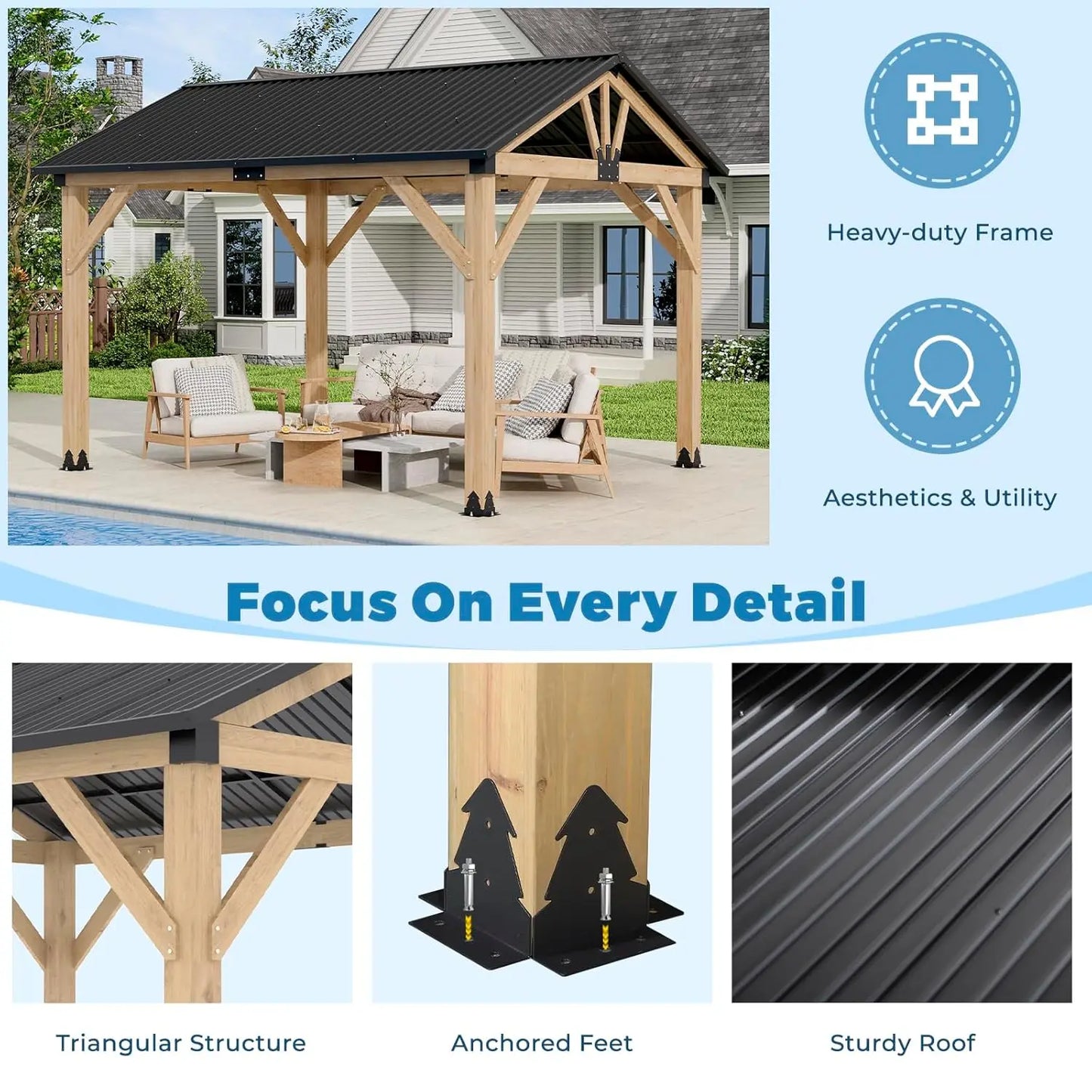 10' x 12' Wood Gazebo, Outdoor Hardtop Gazebo, Galvanized Steel Gable Roof Pergola, Outdoor Pavilion for Patio,, Customized