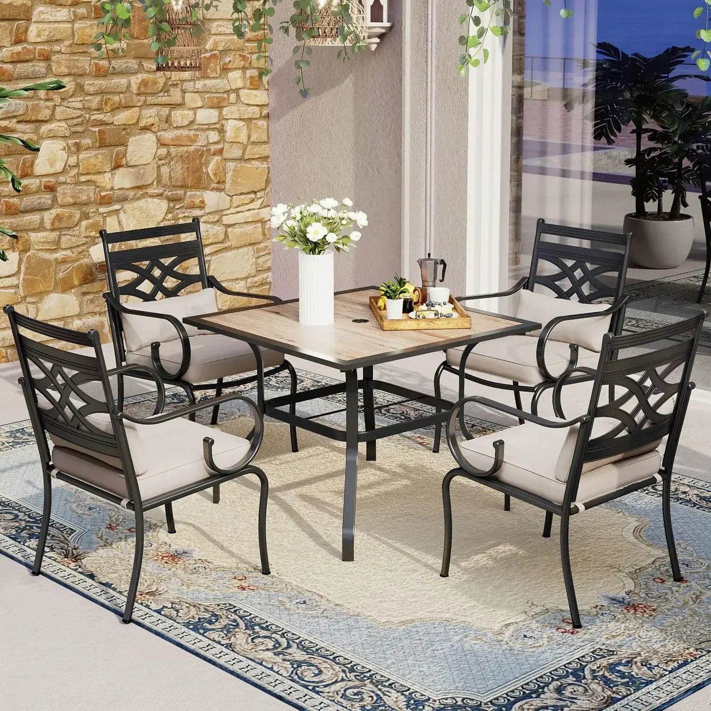 Guangbai All Weather Patio Dining Set For 4 Swivel Chairs