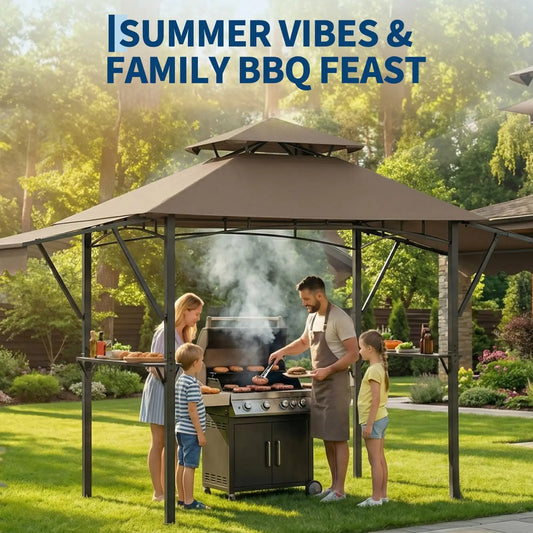 2-Tier Grill Gazebo With Adjustable Dual Awnings Steel Frame BBQ Canopy Shelter With Shelves LED Lights For Backyard Patio