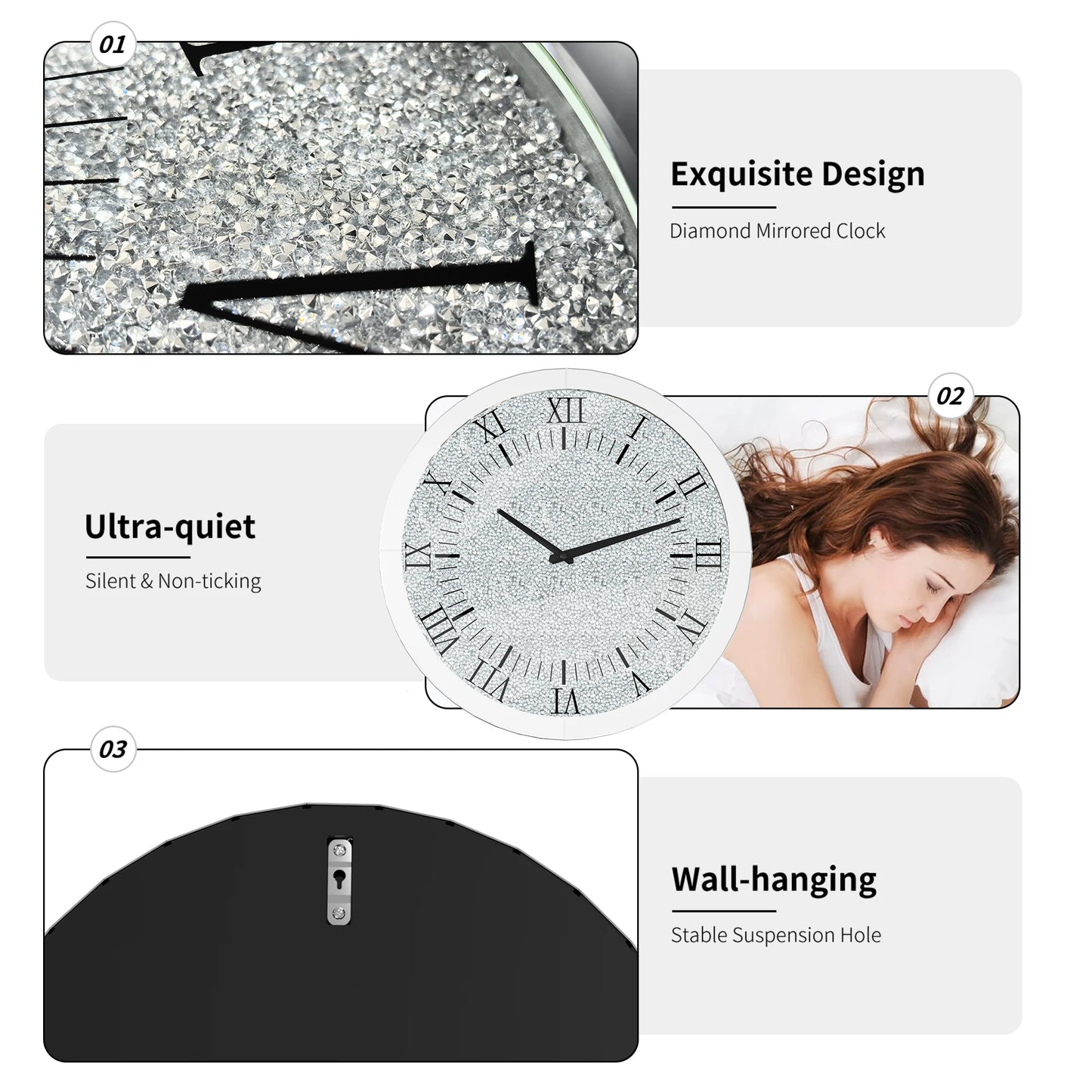 Combination Crystal Diamond Mirrored Wall Clock Glass