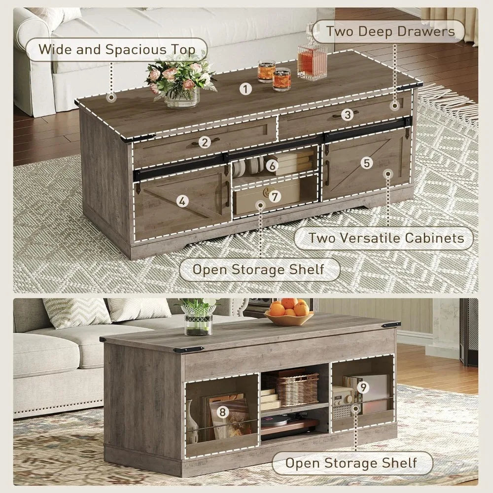 Farmhouse Coffee Table With Storage And Sliding Barn Doors