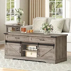 Farmhouse Coffee Table With Storage And Sliding Barn Doors