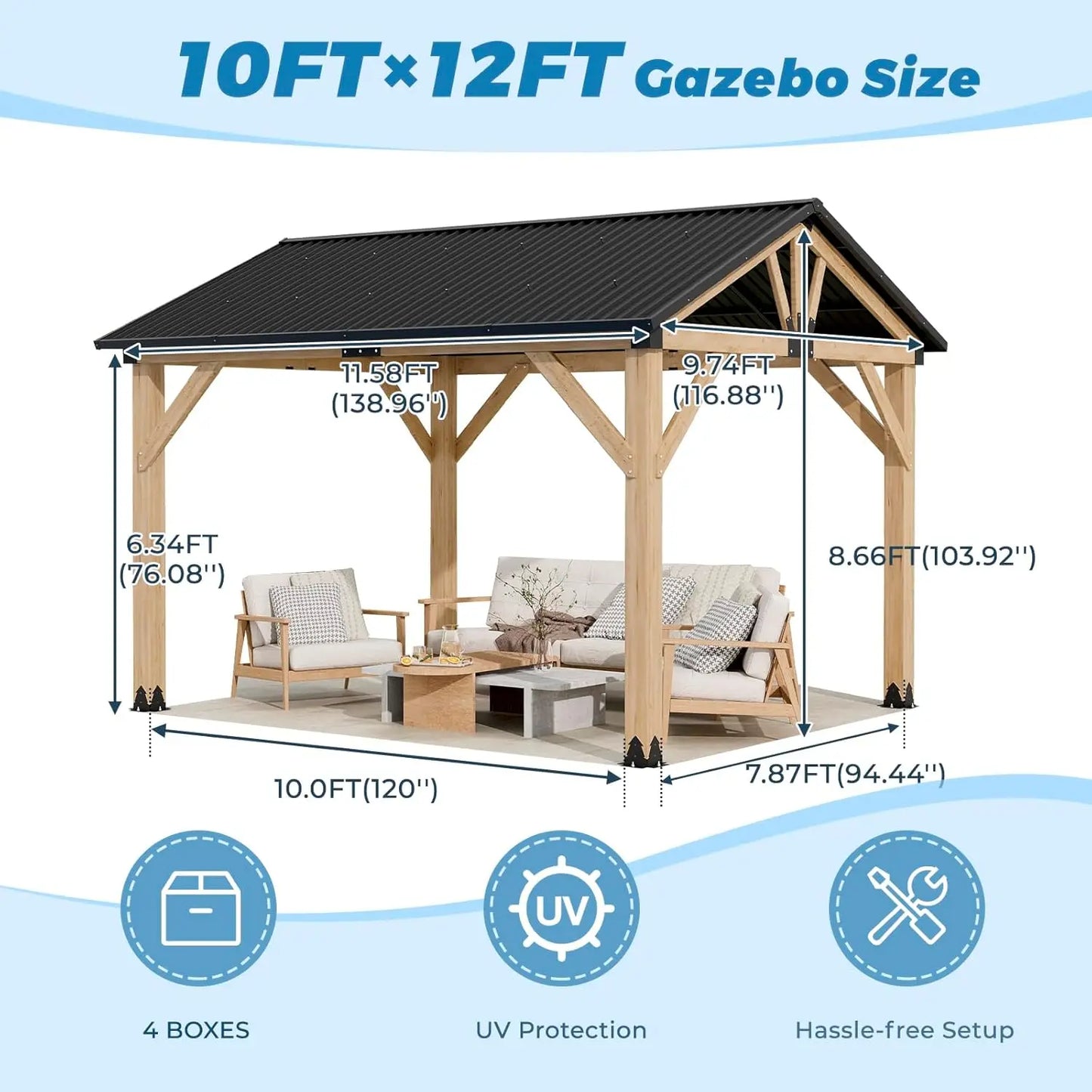10' x 12' Wood Gazebo, Outdoor Hardtop Gazebo, Galvanized Steel Gable Roof Pergola, Outdoor Pavilion for Patio,, Customized