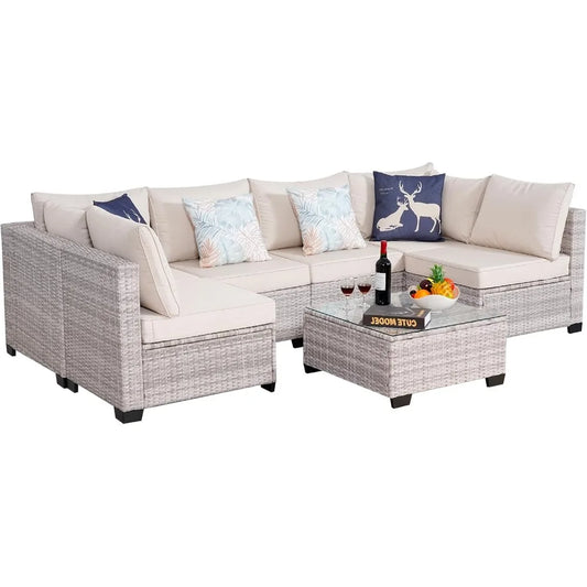 Guangbai 7 Piece Outdoor Rattan Sectional Sofa Set Patio