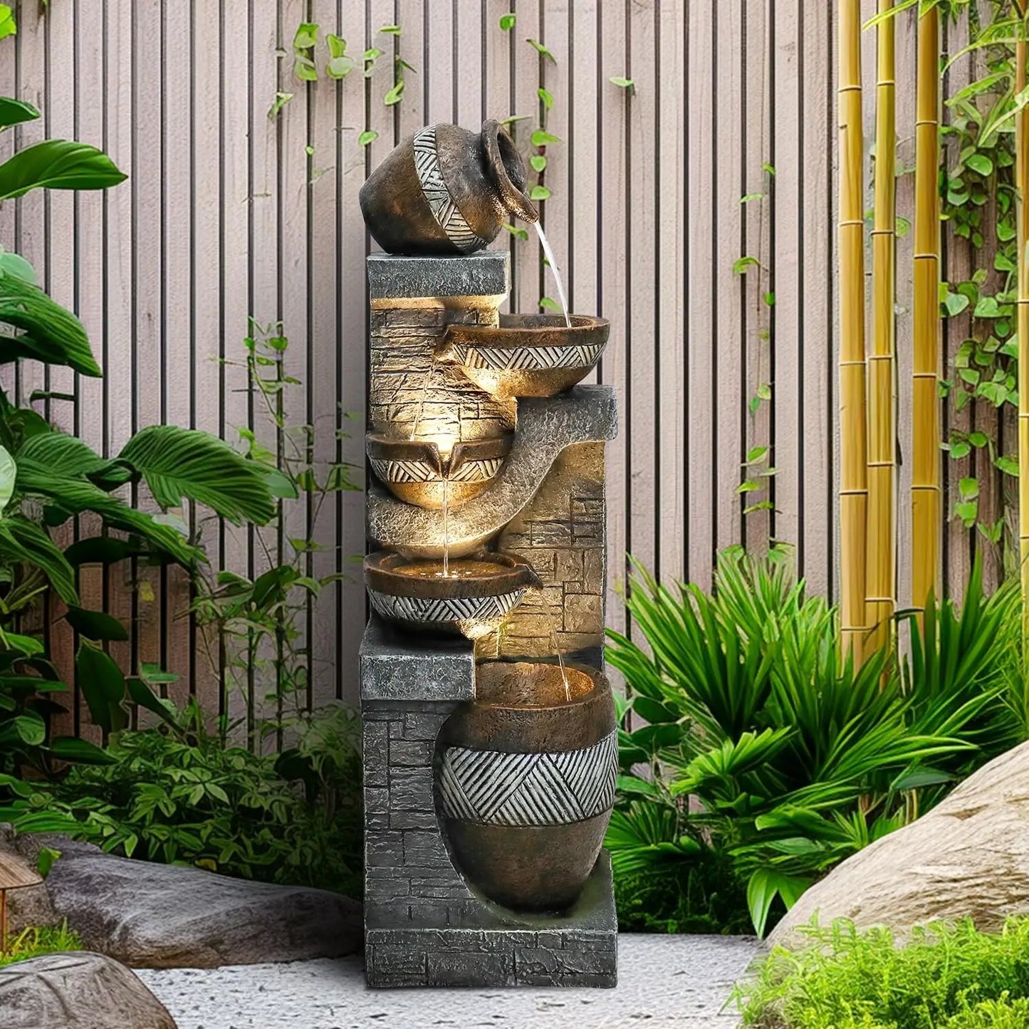 XMSJ Modern Floor Standing Cascading Water Fountain 5 Tier Garden