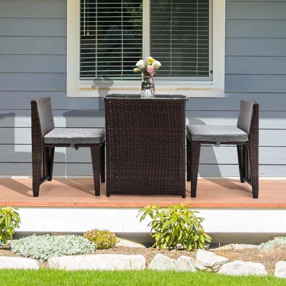 Wicker Patio Bistro Set With Glass Top Table For Balcony