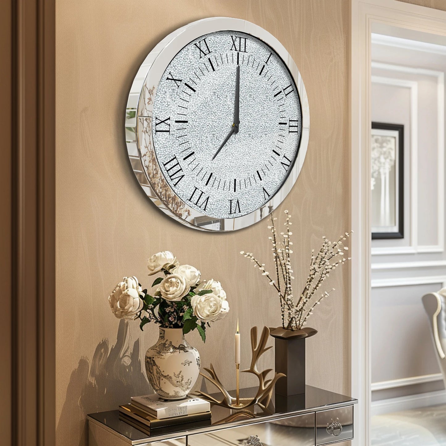 Combination Crystal Diamond Mirrored Wall Clock Glass