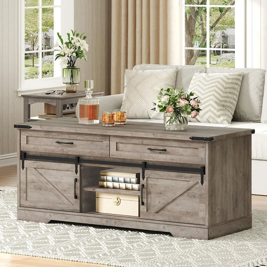 Farmhouse Coffee Table With Storage And Sliding Barn Doors