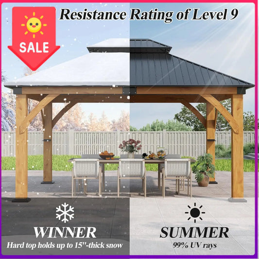 Sale price 13’x 15’ Outdoor Spruce Wood Gazebo - Patio Hardtop Gazebo Permanent Wooden Pavilion with 2 Shelves, Galvanized Steel