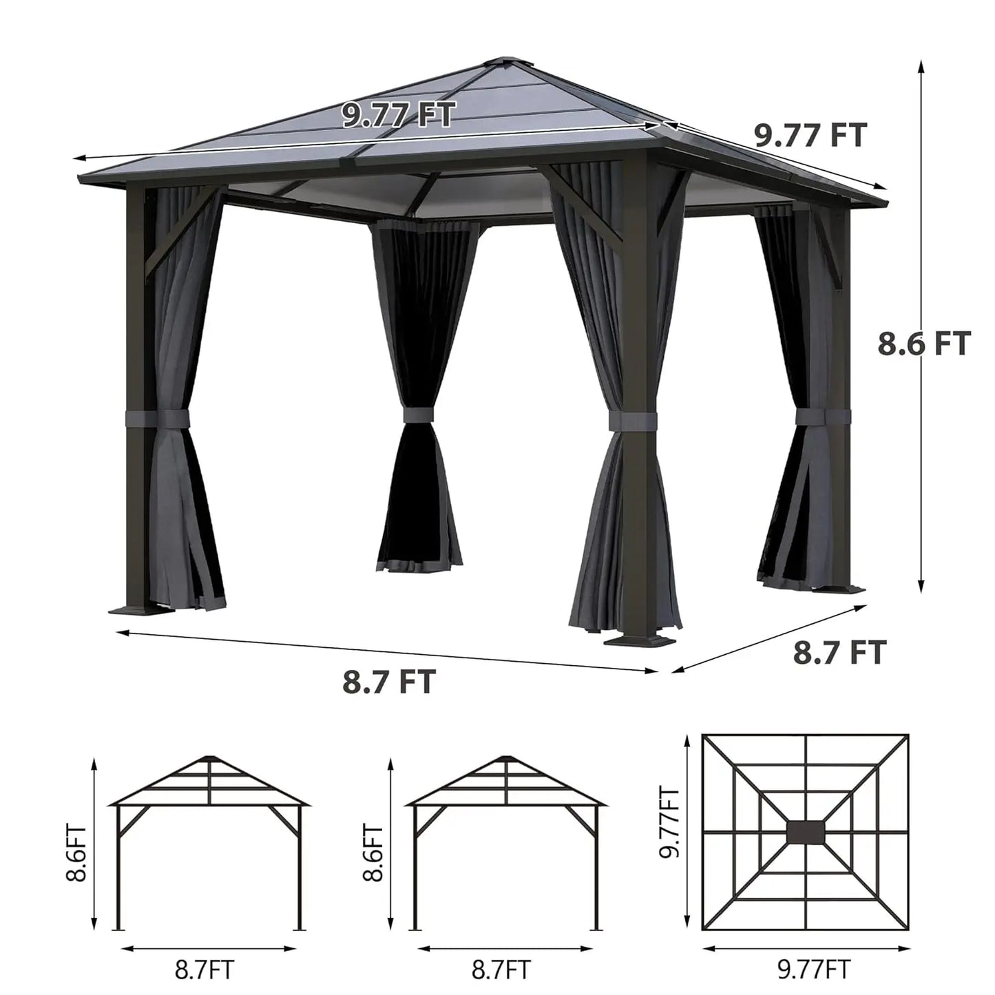 10x10FT Gazebo Hardtop, Outdoor Patio Gazebos with Polycarbonate Roof & Steel Frame, Outdoor Pavilion with Gray, Customized