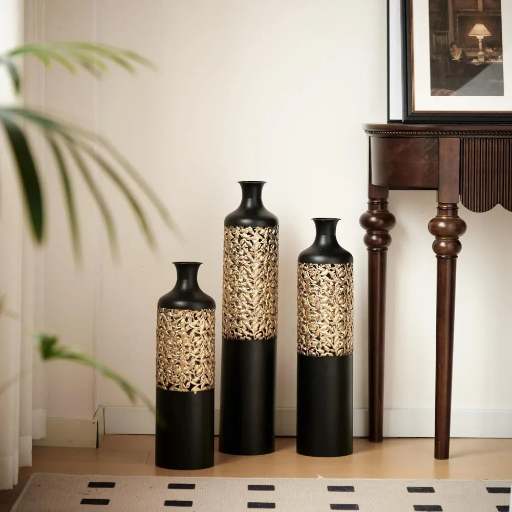 Hign Concerned Gold Metal Vases Set Of 3 Centerpiece Decor