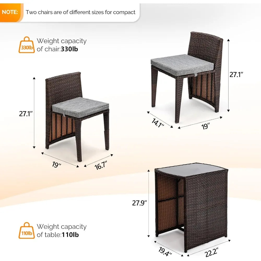 Wicker Patio Bistro Set With Glass Top Table For Balcony