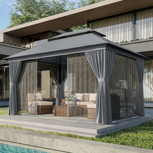 Outdoor Gazebo for Patio 10x12, Metal Frame Canopy with Double Roofs, Heavy Duty Party Tent and Shelter with Mosquito