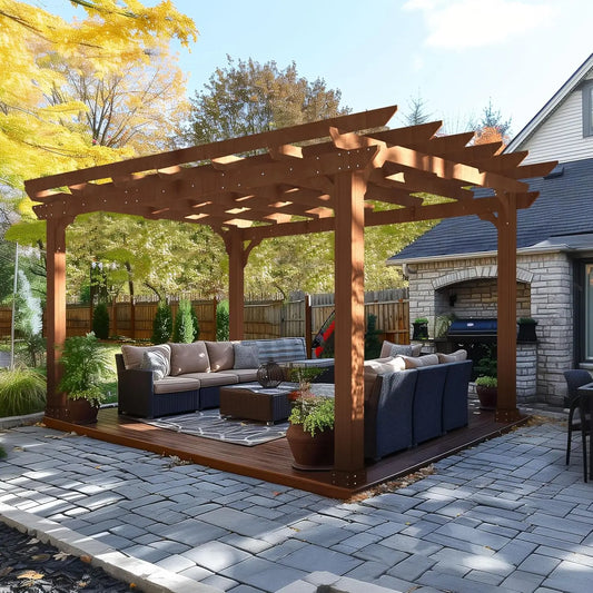 10' X 12' Patio Pergola, Cedar Wood Pergolas with Solid Structure, Outdoor Pergolas and Gazebos with Slatted Trellis Roof