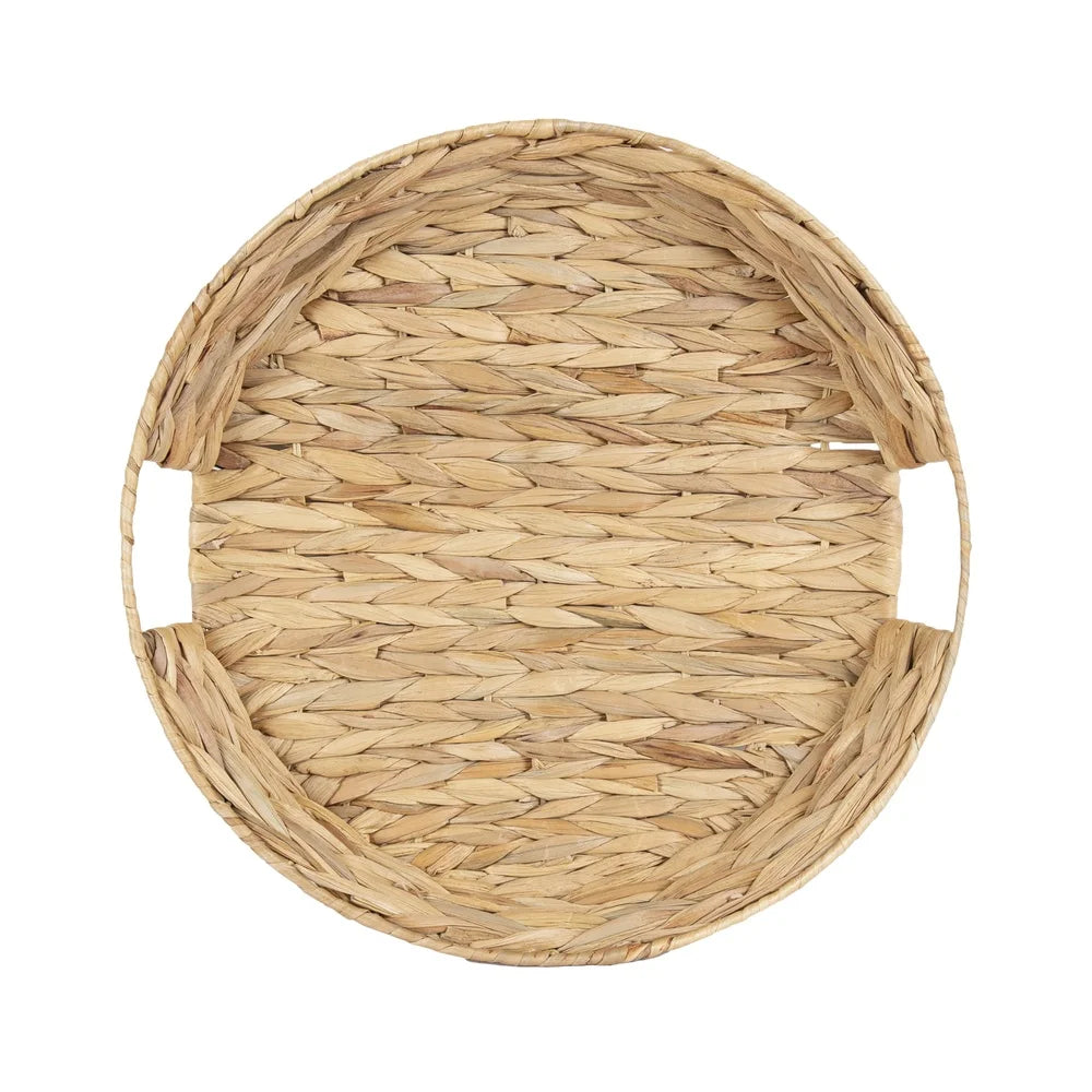 XMSJ Round Water Hyacinth Woven Tray With Handles Storage